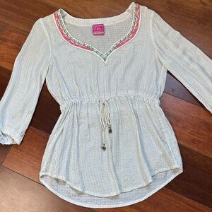 Free People Cinch Waist Quarter Sleeve Embroidered Collar XS Bohemian Blouse